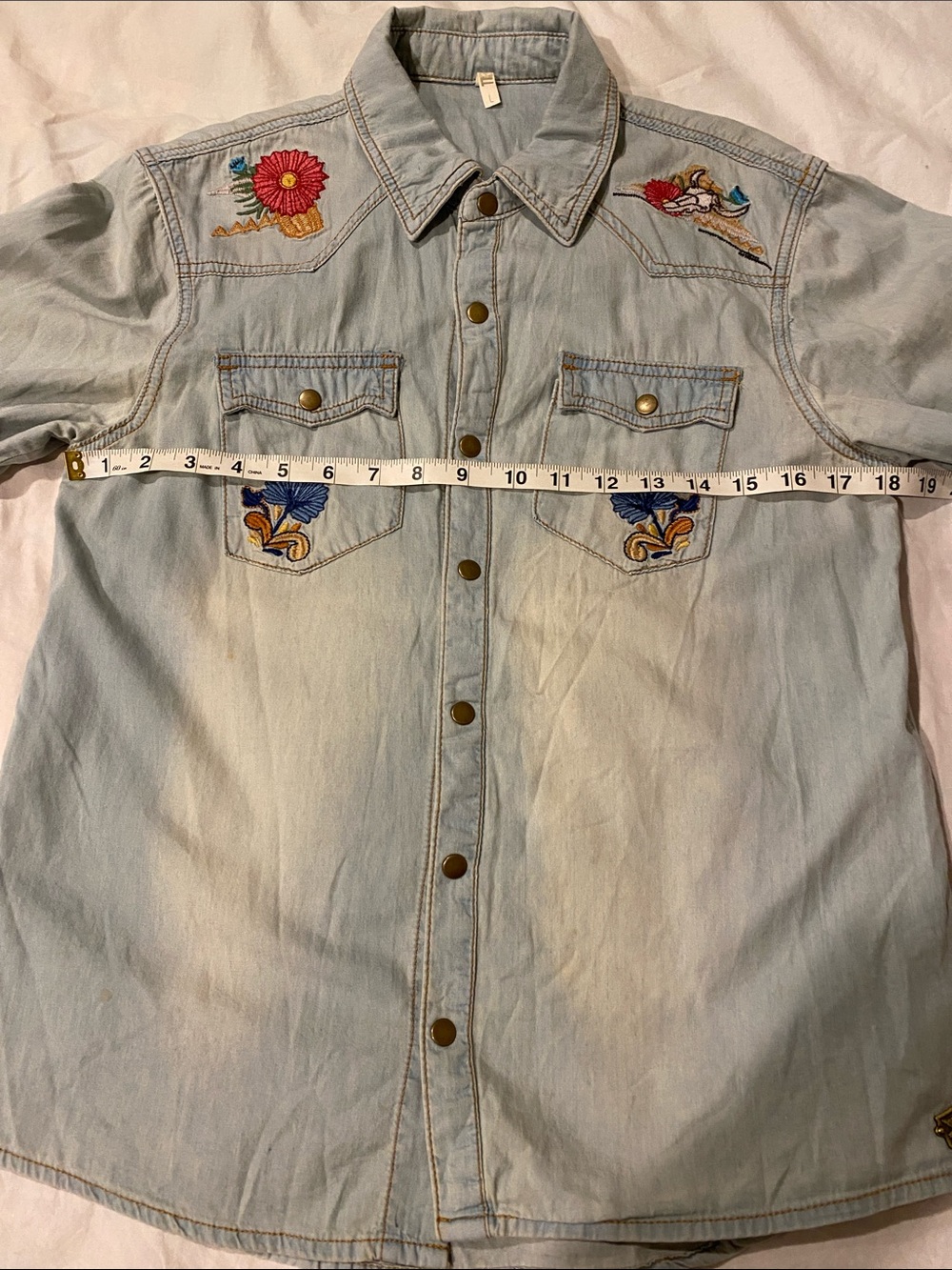Spell Cactus Rose Light Wash Denim Button-Down Shirt with Floral Embroidery - Picture 7 of 10